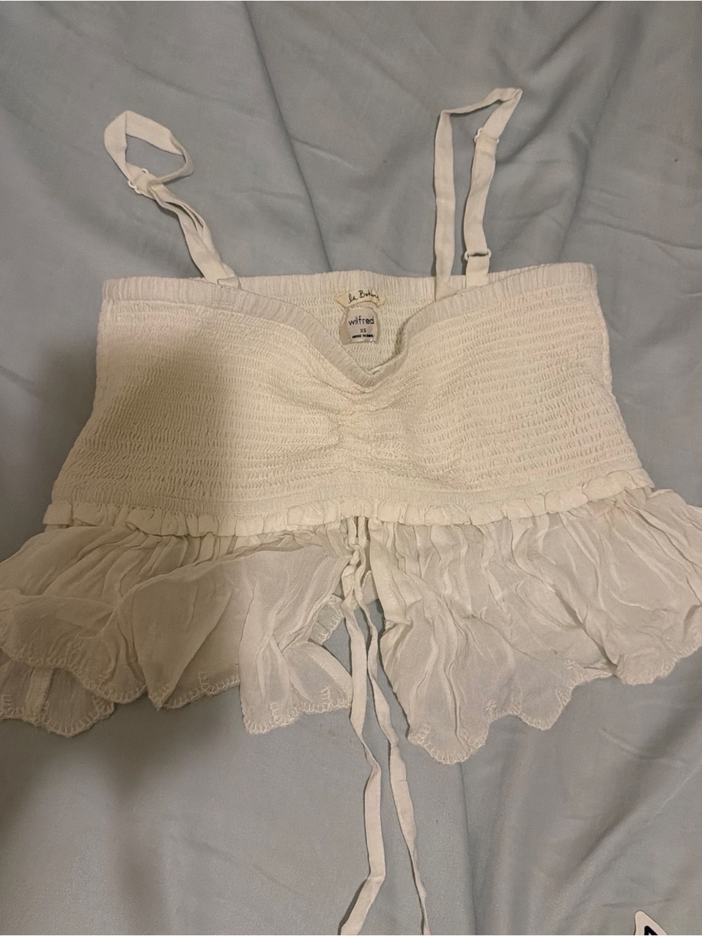 Aritzia White Smocked Crop Top with Ruffle Hem